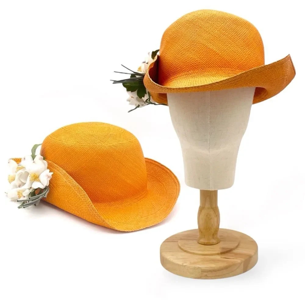 Vintage 1960s Madcaps Orange Straw Hat White Blossom Flower Pin Trim Wide Brim - Picture 2 of 16